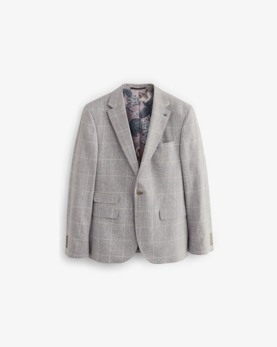 Grey Slim Fit Check Linen Suit: Jacket